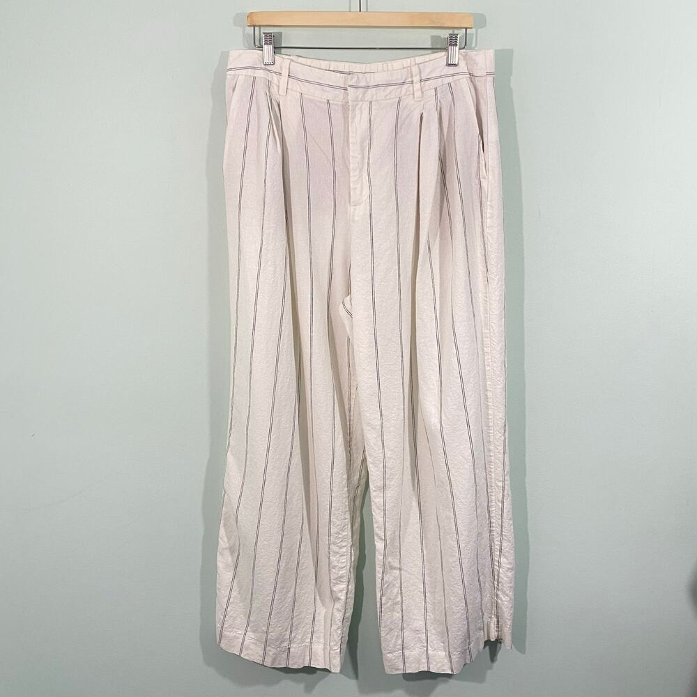 GAP Women White Striped 365 High Rise Linen Blend Wide Leg Trousers Size 16